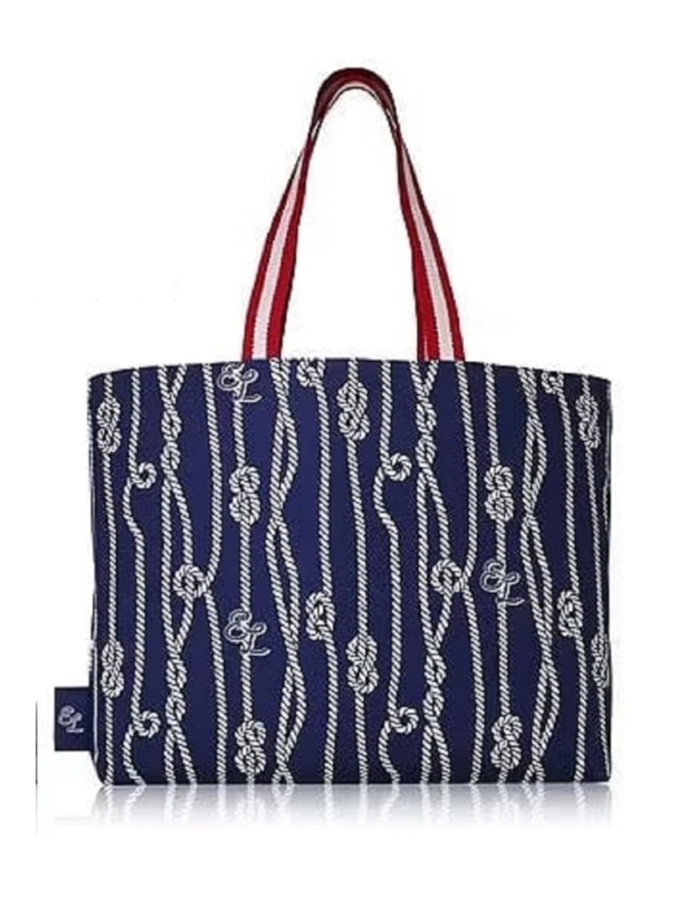 Estee Lauder Navy Rope-Print Tote with Red Handles